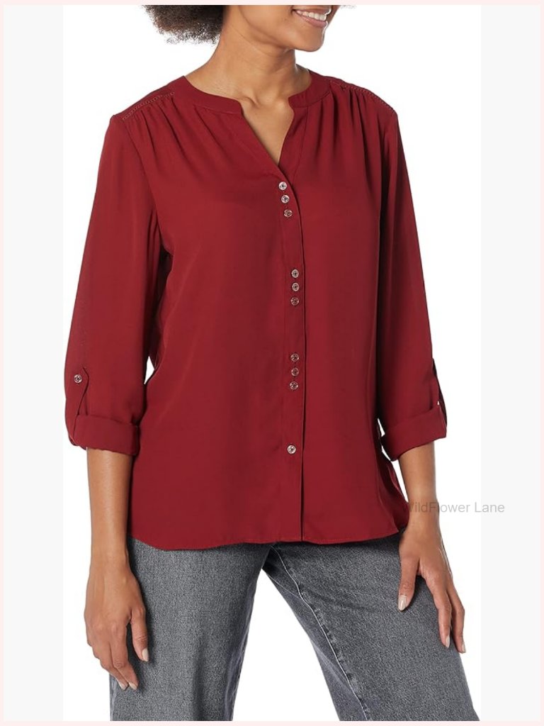 Women's Crepe Button Front Roll Tab Sleeve Blouse